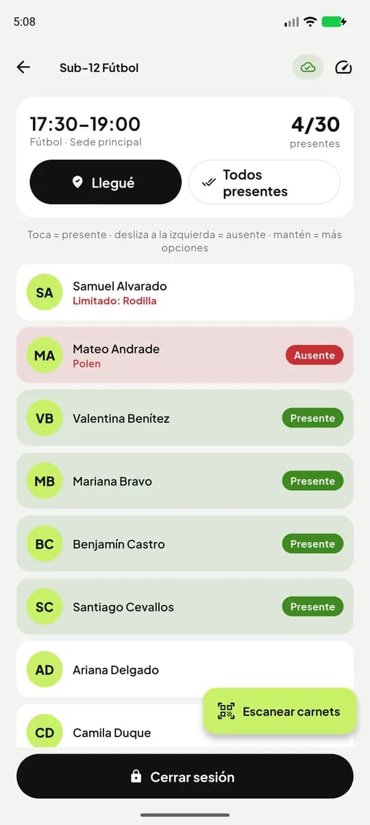Toma de asistencia: tocar para presente, deslizar para ausente