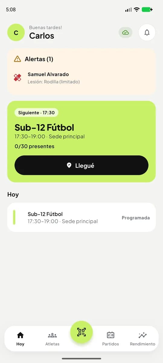 Inicio del coach con la sesión de hoy y alertas de lesión