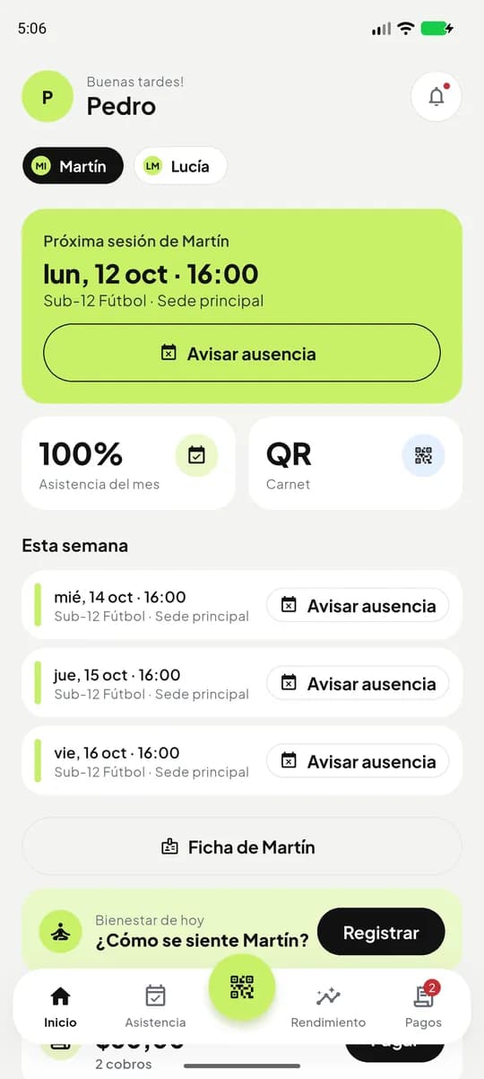 Inicio de la familia: próxima sesión, asistencia del mes y avisar ausencia